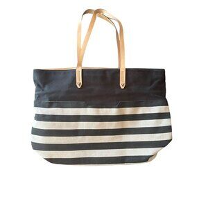 Hello Gorgeous Black & Beige Striped‎ Canvas Tote Bag With faux Leather Handles
